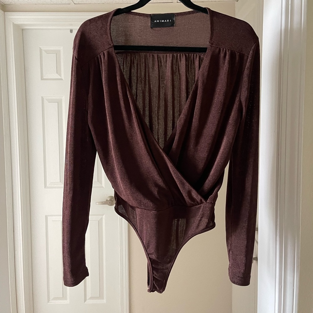 Animari dark sparkly brown long sleeve wrap body suit